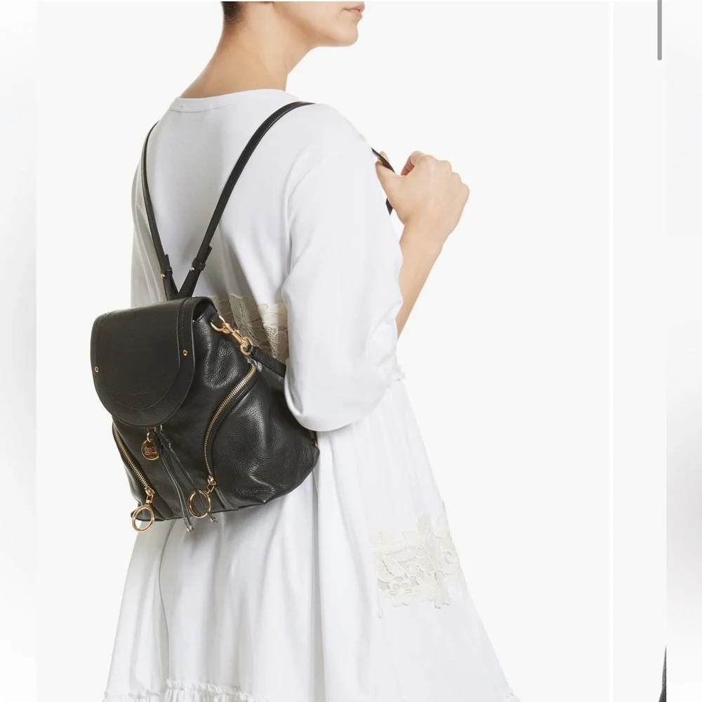 See By Chloe Olga Large Leather Black Backpack with Gold Accents